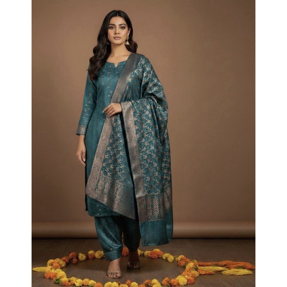 Teal Women's Salwar Kameez Set with Woven Dupatta